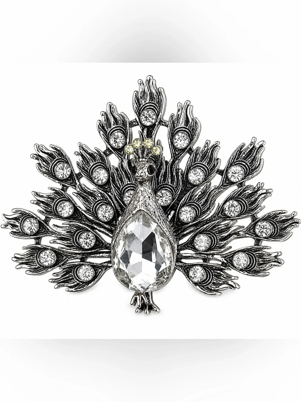 Silver-Tone Crystal Peacock Magnetic Brooch